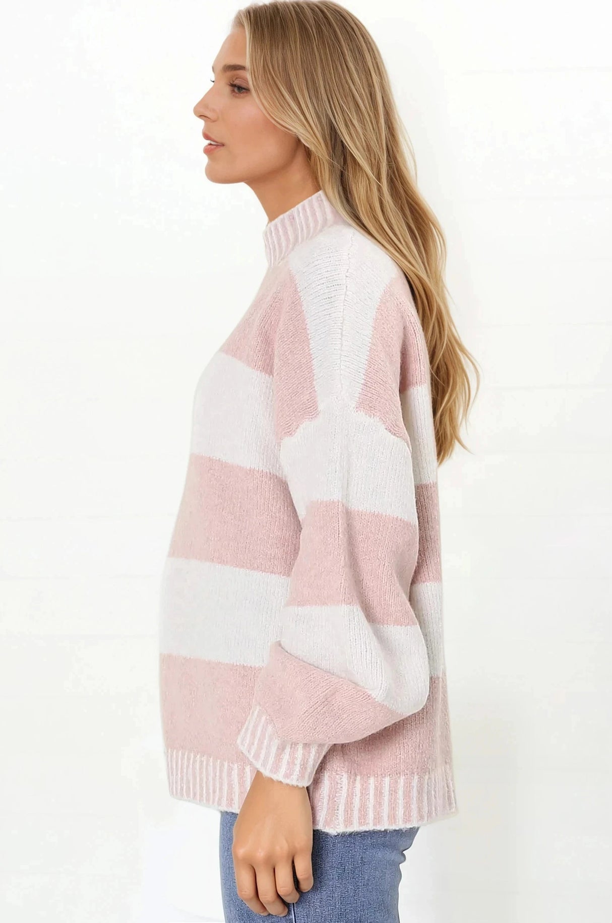 Janie Jumper - Mock Neck Striped Jumper with Contrast Stripe Hemlines in Blush