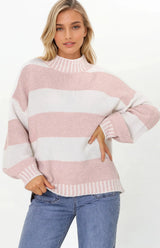Janie Jumper - Mock Neck Striped Jumper with Contrast Stripe Hemlines in Blush