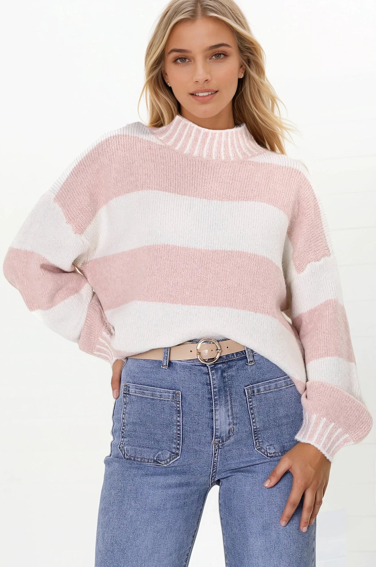 Janie Jumper - Mock Neck Striped Jumper with Contrast Stripe Hemlines in Blush