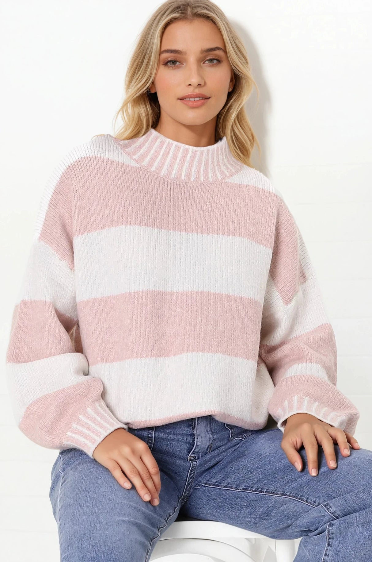 Janie Jumper - Mock Neck Striped Jumper with Contrast Stripe Hemlines in Blush