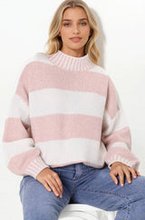 Janie Jumper - Mock Neck Striped Jumper with Contrast Stripe Hemlines in Blush