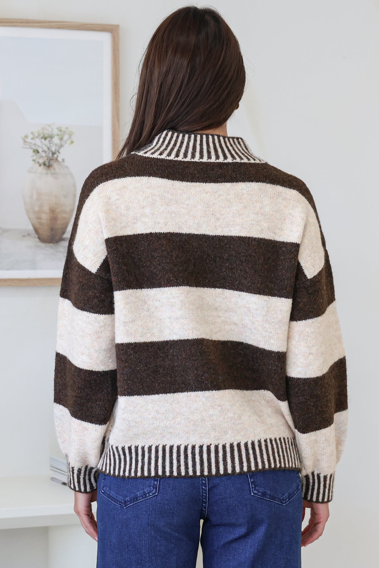 Janie Jumper - Mock Neck Striped Jumper with Contrast Stripe Hemlines in Chocolate