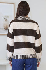 Janie Jumper - Mock Neck Striped Jumper with Contrast Stripe Hemlines in Chocolate