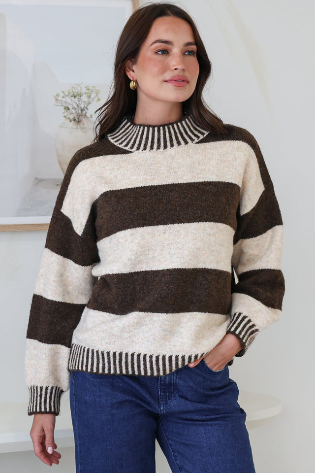 Model wearing Janie Jumper in Chocolate from Salty Crush