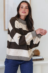 Janie Jumper - Mock Neck Striped Jumper with Contrast Stripe Hemlines in Chocolate