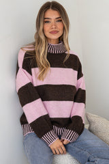 Janie Jumper - Mock Neck Striped Jumper with Contrast Stripe Hemlines in Pink