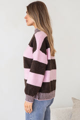 Janie Jumper - Mock Neck Striped Jumper with Contrast Stripe Hemlines in Pink