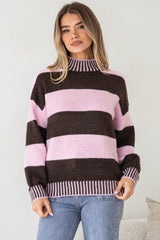 Janie Jumper - Mock Neck Striped Jumper with Contrast Stripe Hemlines in Pink