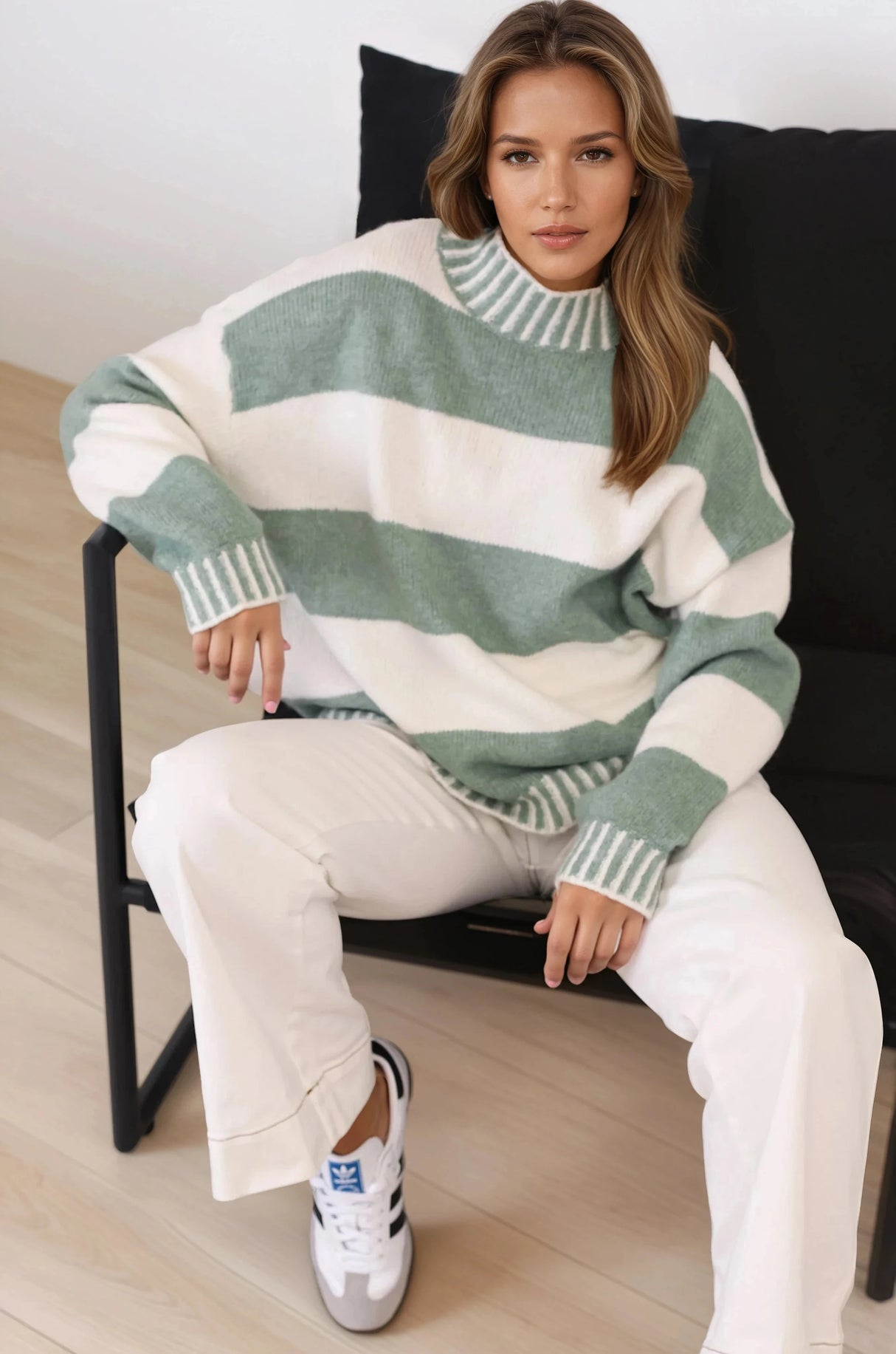 Janie Jumper - Mock Neck Striped Jumper with Contrast Stripe Hemlines in Sage
