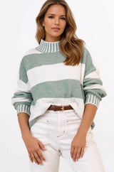 Janie Jumper - Mock Neck Striped Jumper with Contrast Stripe Hemlines in Sage