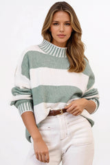 Janie Jumper - Mock Neck Striped Jumper with Contrast Stripe Hemlines in Sage