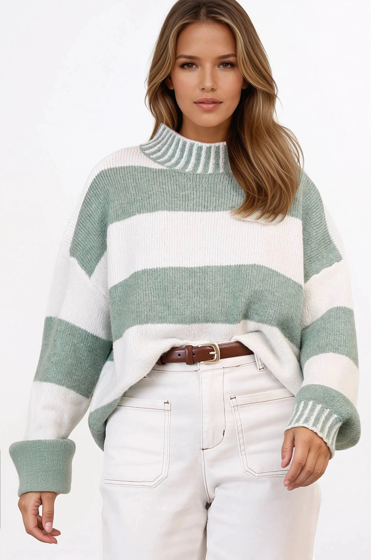Janie Jumper - Mock Neck Striped Jumper with Contrast Stripe Hemlines in Sage