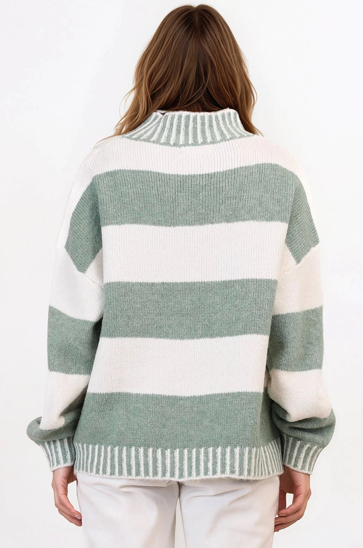 Janie Jumper - Mock Neck Striped Jumper with Contrast Stripe Hemlines in Sage