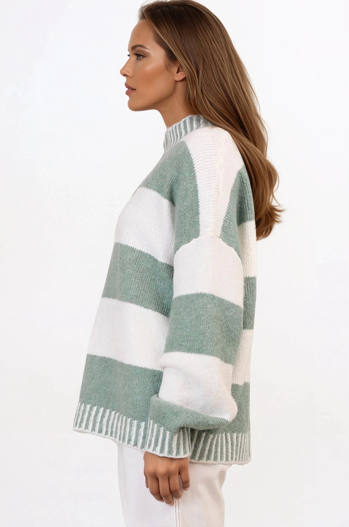 Janie Jumper - Mock Neck Striped Jumper with Contrast Stripe Hemlines in Sage