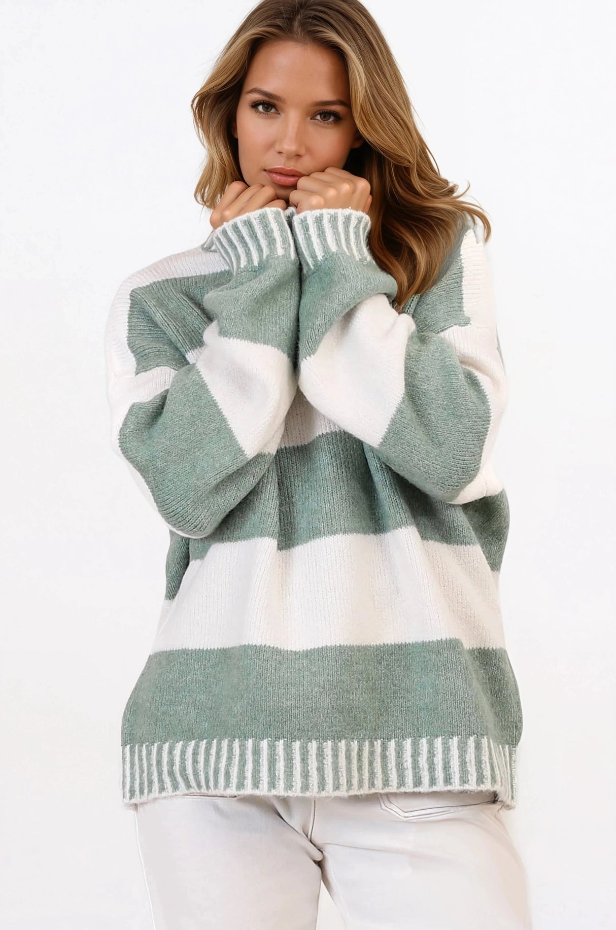 Janie Jumper - Mock Neck Striped Jumper with Contrast Stripe Hemlines in Sage