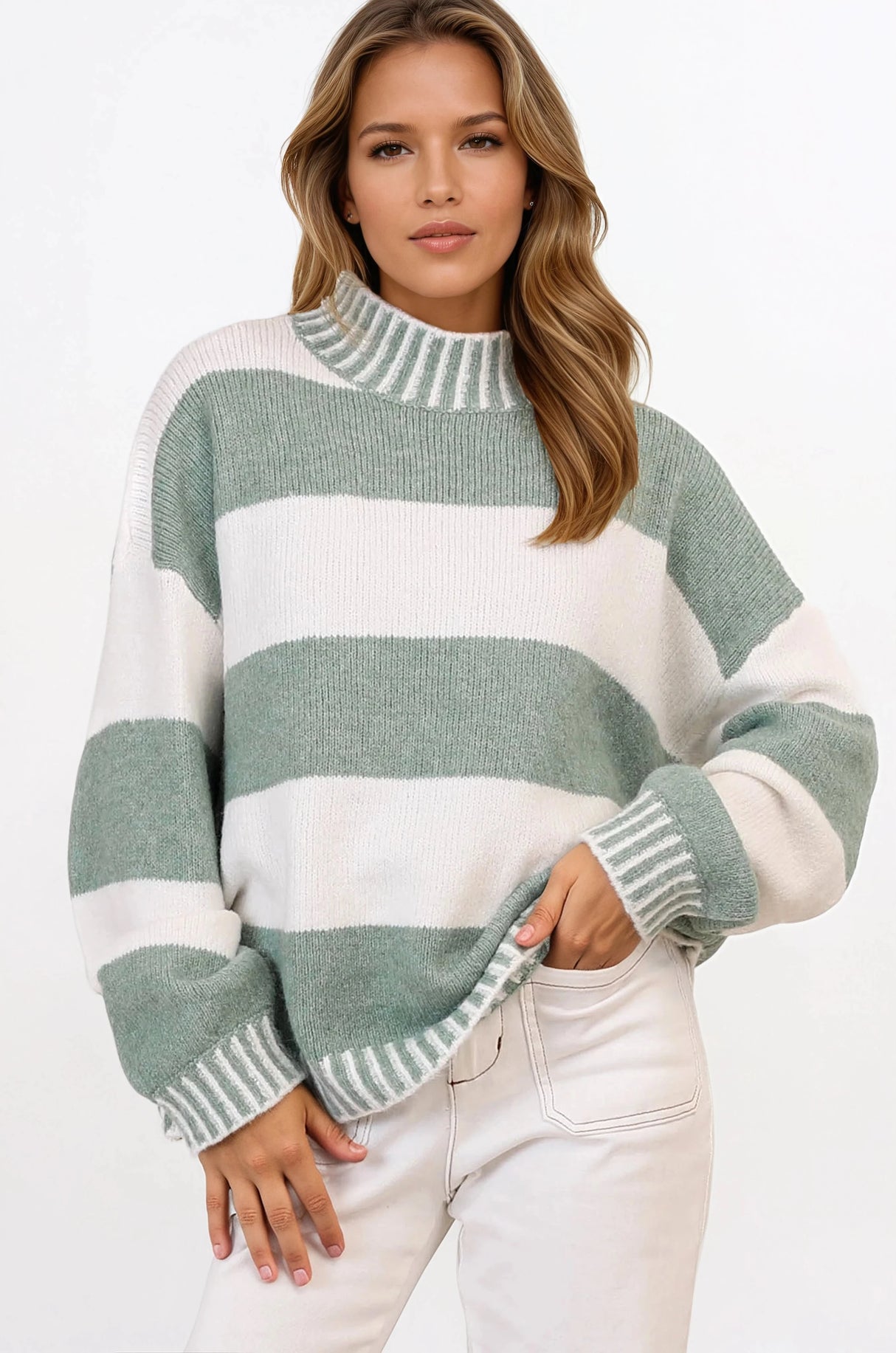 Janie Jumper - Mock Neck Striped Jumper with Contrast Stripe Hemlines in Sage