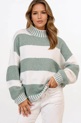 Janie Jumper - Mock Neck Striped Jumper with Contrast Stripe Hemlines in Sage