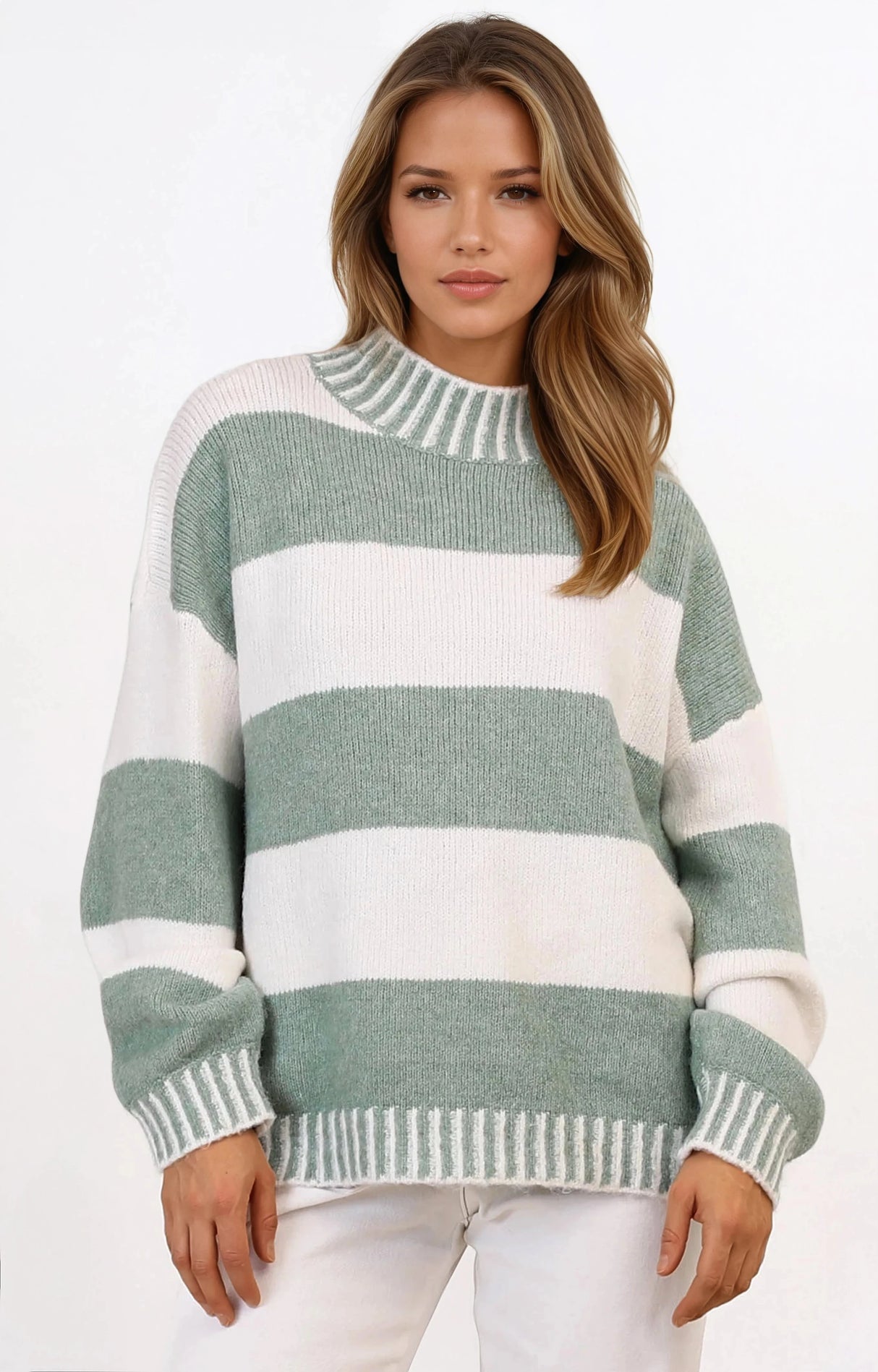 Janie Jumper - Mock Neck Striped Jumper with Contrast Stripe Hemlines in Sage