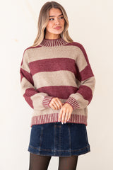Janie Jumper - Mock Neck Striped Jumper with Contrast Stripe Hemlines in Mauve