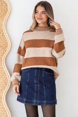 Janie Jumper - Mock Neck Striped Jumper with Contrast Stripe Hemlines in Mocha