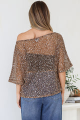Janina Top - Off Shoulder Asymmetric Relaxed Sequin Mesh Top in Mocha