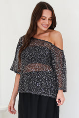 Janina Top - Off Shoulder Asymmetric Relaxed Sequin Mesh Top in Black