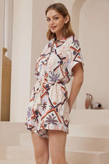 Jarah Playsuit - Collared Button Down to Waist with Tie Playsuit in Zaidin Print