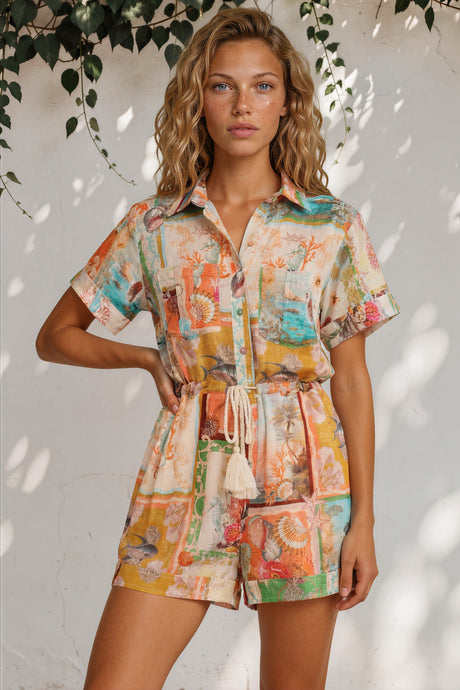 Model wearing Jarah Playsuit in Iluka Print from Salty Crush