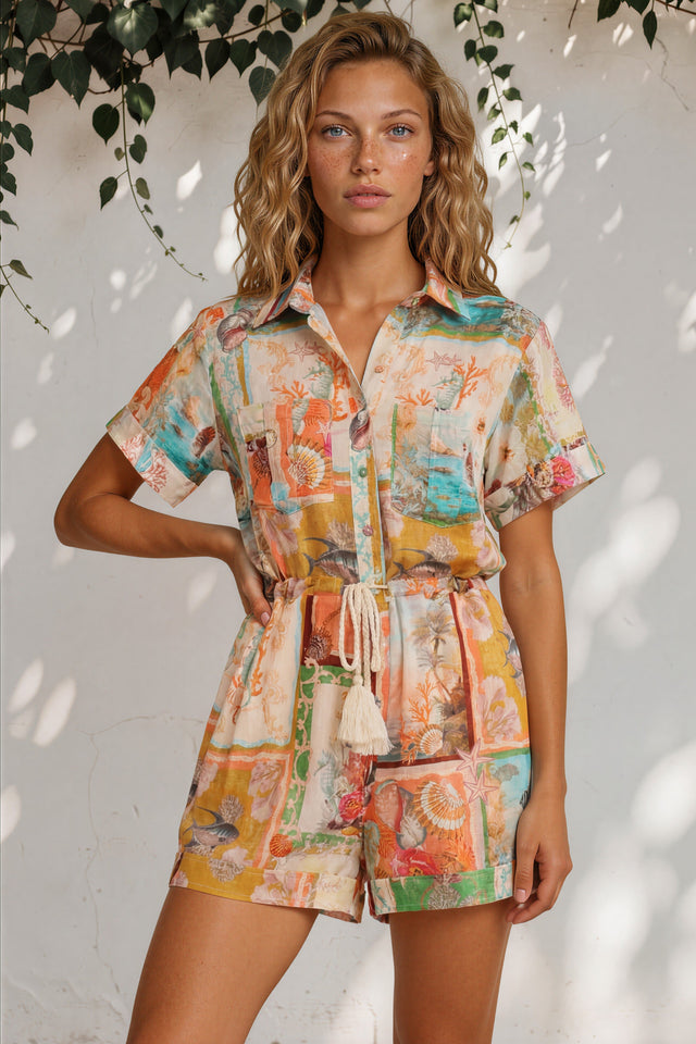 Model wearing Jarah Playsuit in Iluka Print from Salty Crush