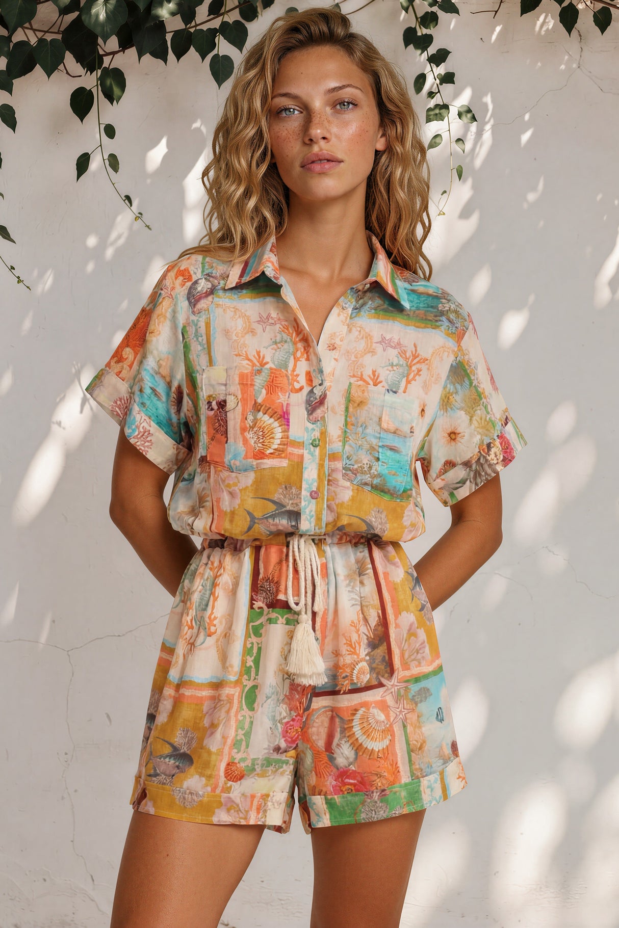 Model wearing Jarah Playsuit in Iluka Print from Salty Crush