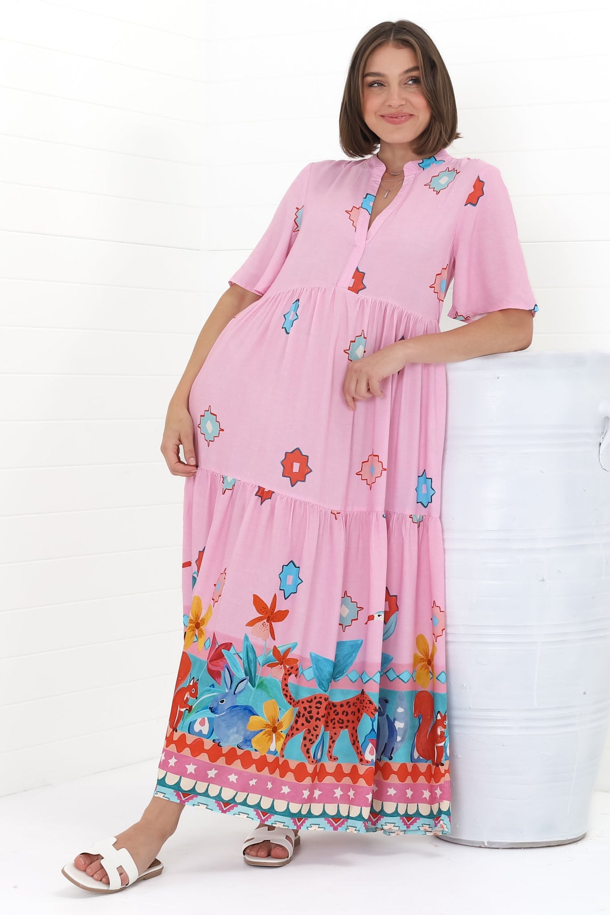 Jasinta Midi Dress - Mandarin Collar Tiered Pull Over Dress in Pippa Print Pink