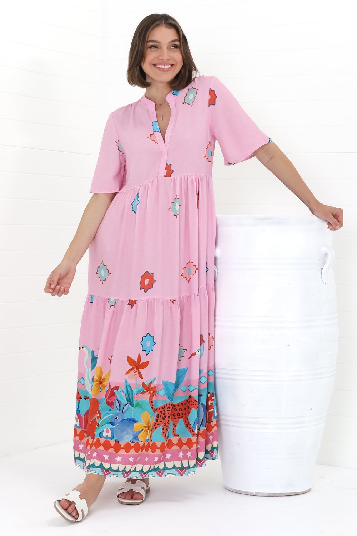 Jasinta Midi Dress - Mandarin Collar Tiered Pull Over Dress in Pippa Print Pink