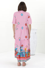 Jasinta Midi Dress - Mandarin Collar Tiered Pull Over Dress in Pippa Print Pink