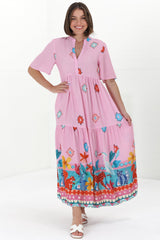 Jasinta Midi Dress - Mandarin Collar Tiered Pull Over Dress in Pippa Print Pink