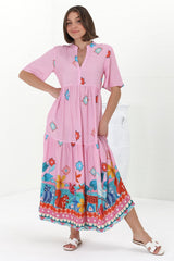 Jasinta Midi Dress - Mandarin Collar Tiered Pull Over Dress in Pippa Print Pink