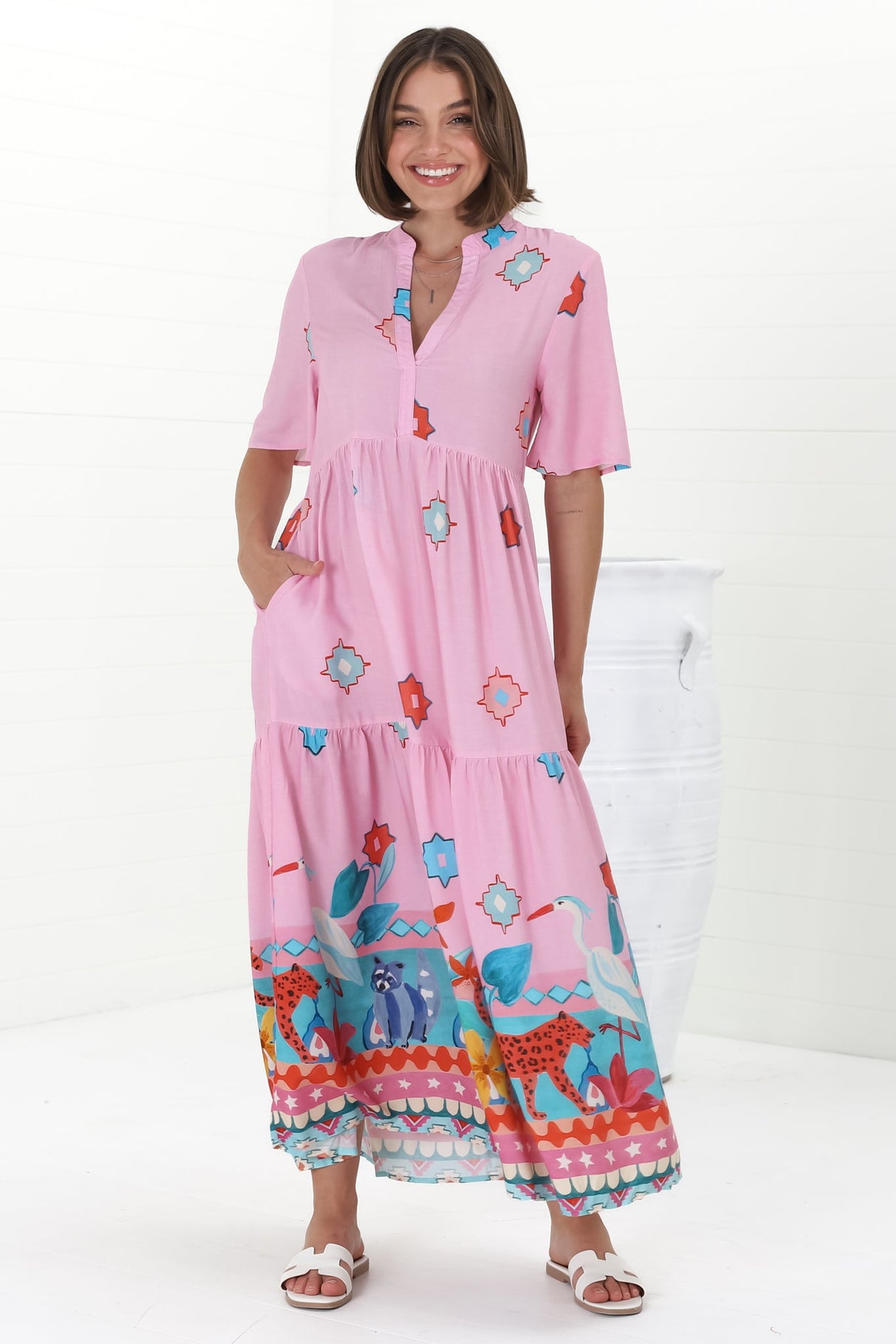 Jasinta Midi Dress - Mandarin Collar Tiered Pull Over Dress in Pippa Print Pink