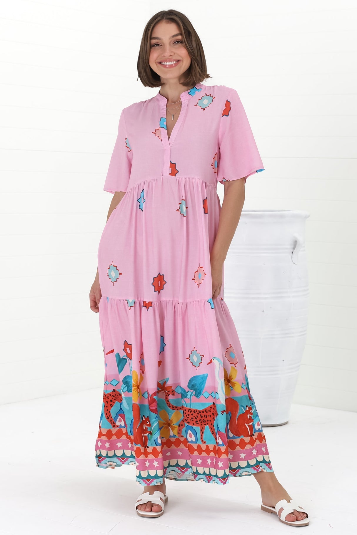 Jasinta Midi Dress - Mandarin Collar Tiered Pull Over Dress in Pippa Print Pink