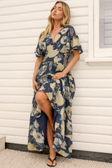 Jasmin Maxi Dress - V Neck Tiered A Line Dress with Flutter Sleeves in Celine Print Blue