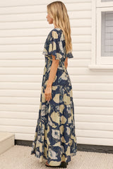 Jasmin Maxi Dress - V Neck Tiered A Line Dress with Flutter Sleeves in Celine Print Blue
