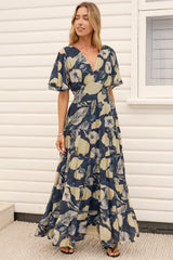 Jasmin Maxi Dress - V Neck Tiered A Line Dress with Flutter Sleeves in Celine Print Blue