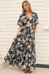 Jasmin Maxi Dress - V Neck Tiered A Line Dress with Flutter Sleeves in Celine Print Blue