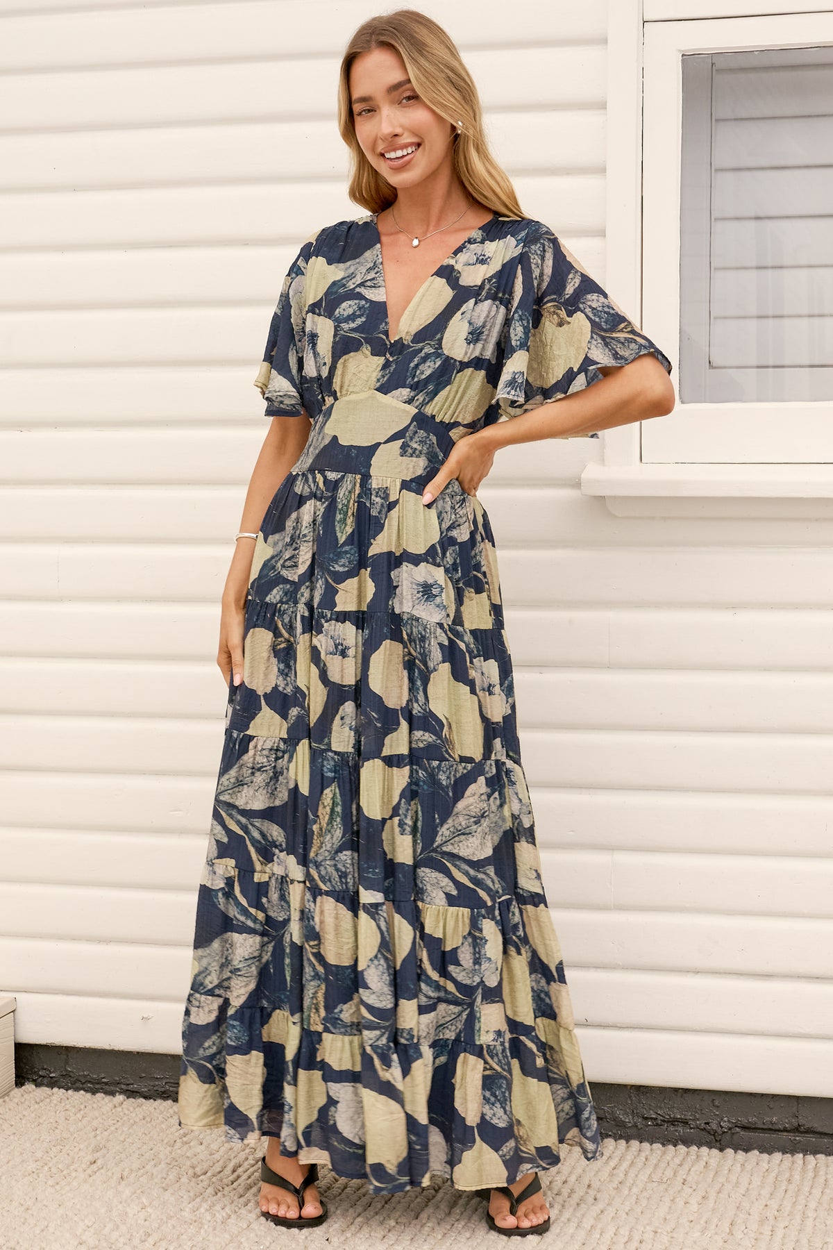 Jasmin Maxi Dress - V Neck Tiered A Line Dress with Flutter Sleeves in Celine Print Blue