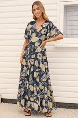 Jasmin Maxi Dress - V Neck Tiered A Line Dress with Flutter Sleeves in Celine Print Blue