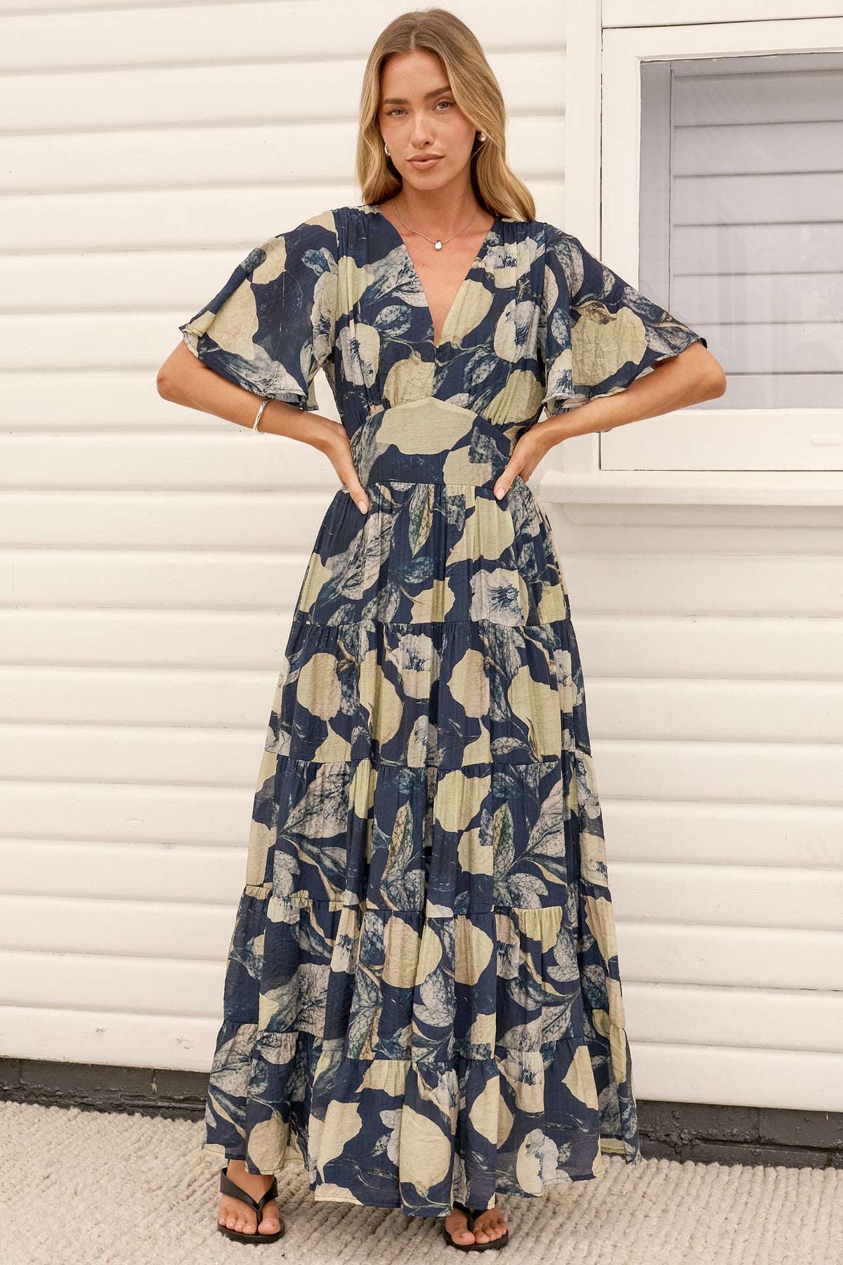 Jasmin Maxi Dress - V Neck Tiered A Line Dress with Flutter Sleeves in Celine Print Blue