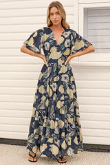 Jasmin Maxi Dress - V Neck Tiered A Line Dress with Flutter Sleeves in Celine Print Blue