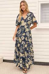 Jasmin Maxi Dress - V Neck Tiered A Line Dress with Flutter Sleeves in Celine Print Blue