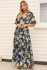 Jasmin Maxi Dress - V Neck Tiered A Line Dress with Flutter Sleeves in Celine Print Blue