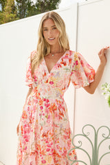 Jasmin Maxi Dress - V Neck Tiered A Line Dress with Butterfly Sleeves in Liana Print