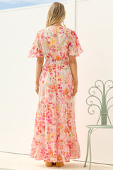 Jasmin Maxi Dress - V Neck Tiered A Line Dress with Butterfly Sleeves in Liana Print