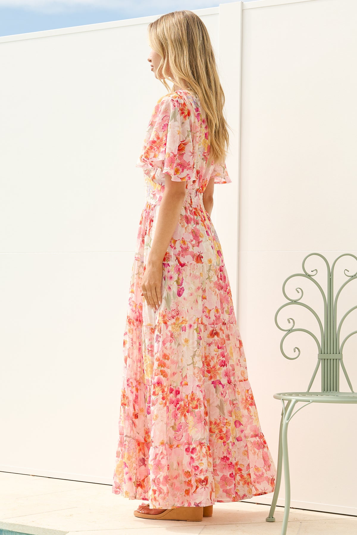 Jasmin Maxi Dress - V Neck Tiered A Line Dress with Butterfly Sleeves in Liana Print